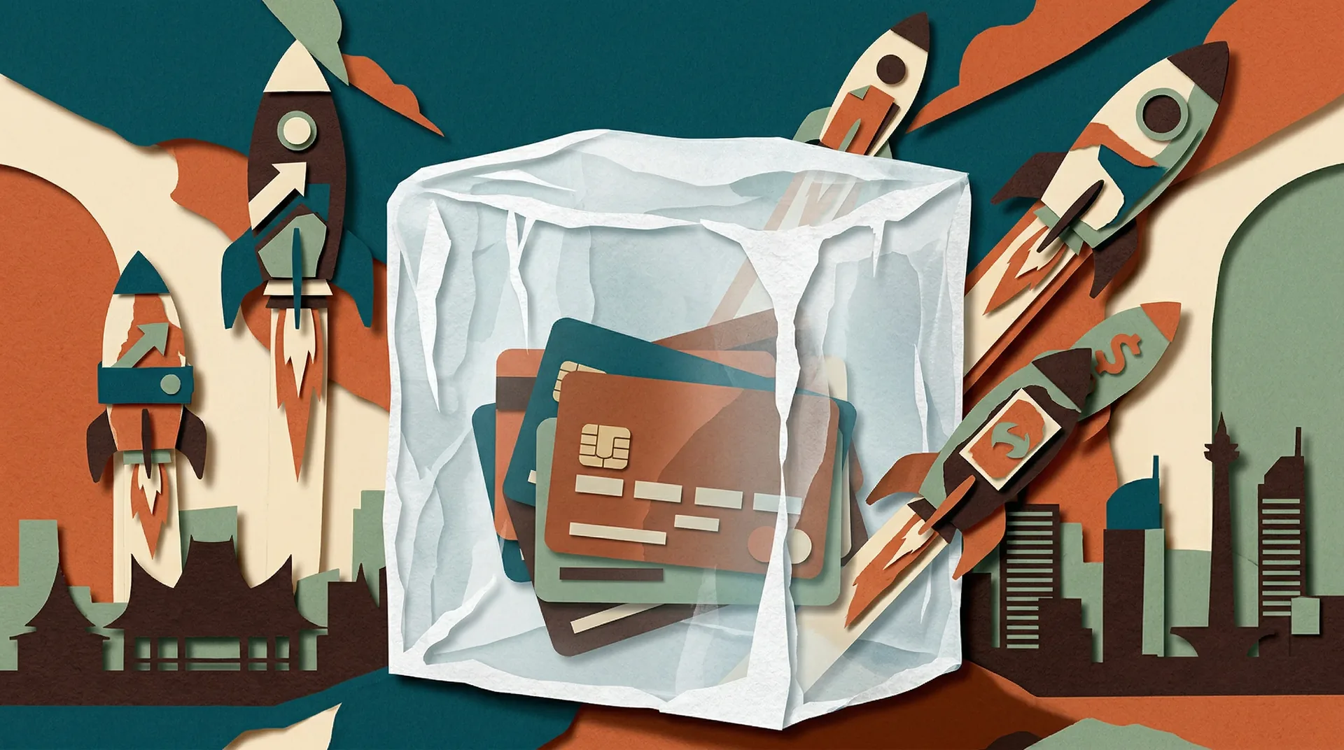 Frozen credit cards encased in ice while e-wallets and BNPL apps soar past