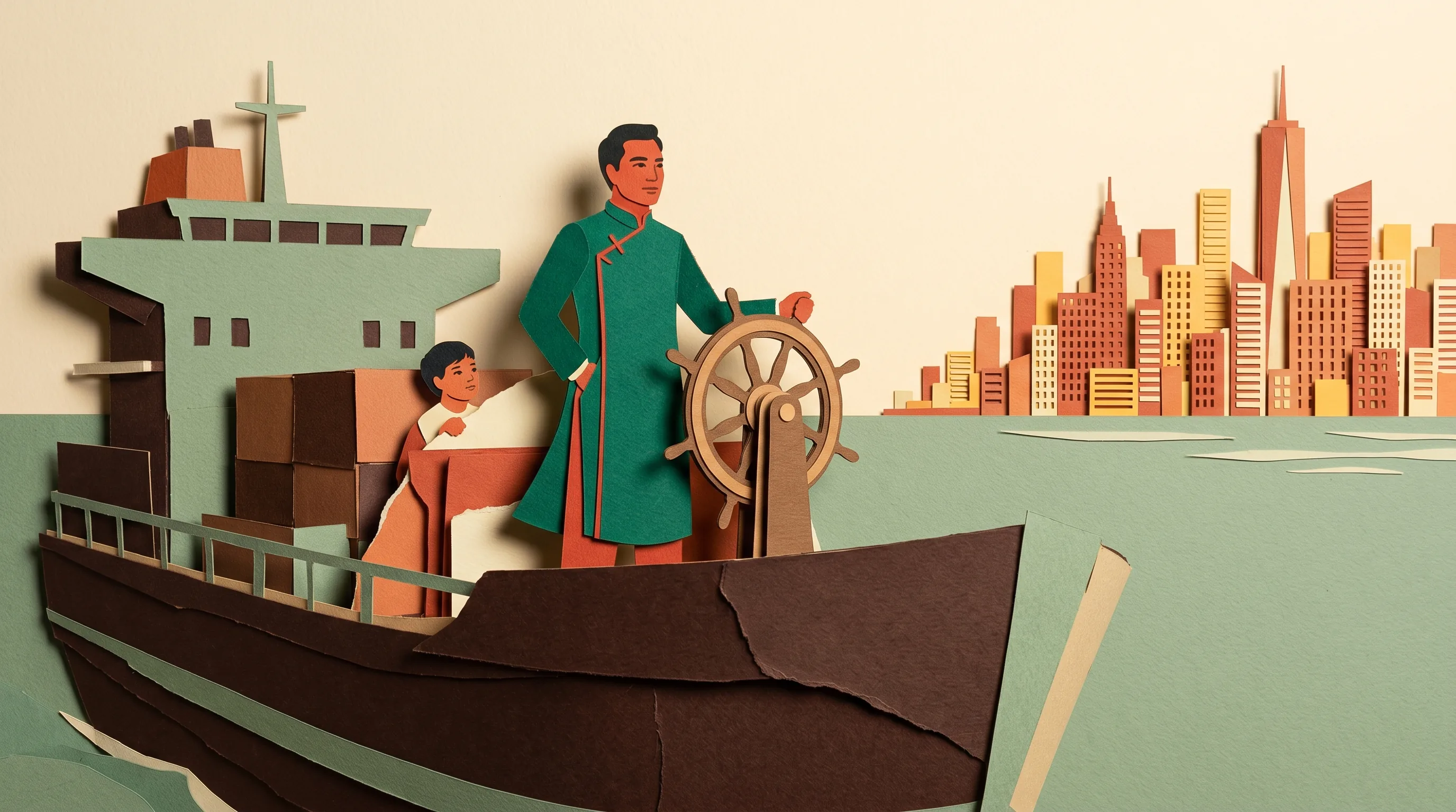 Cut-paper illustration of a Vietnamese founder at a ship's helm