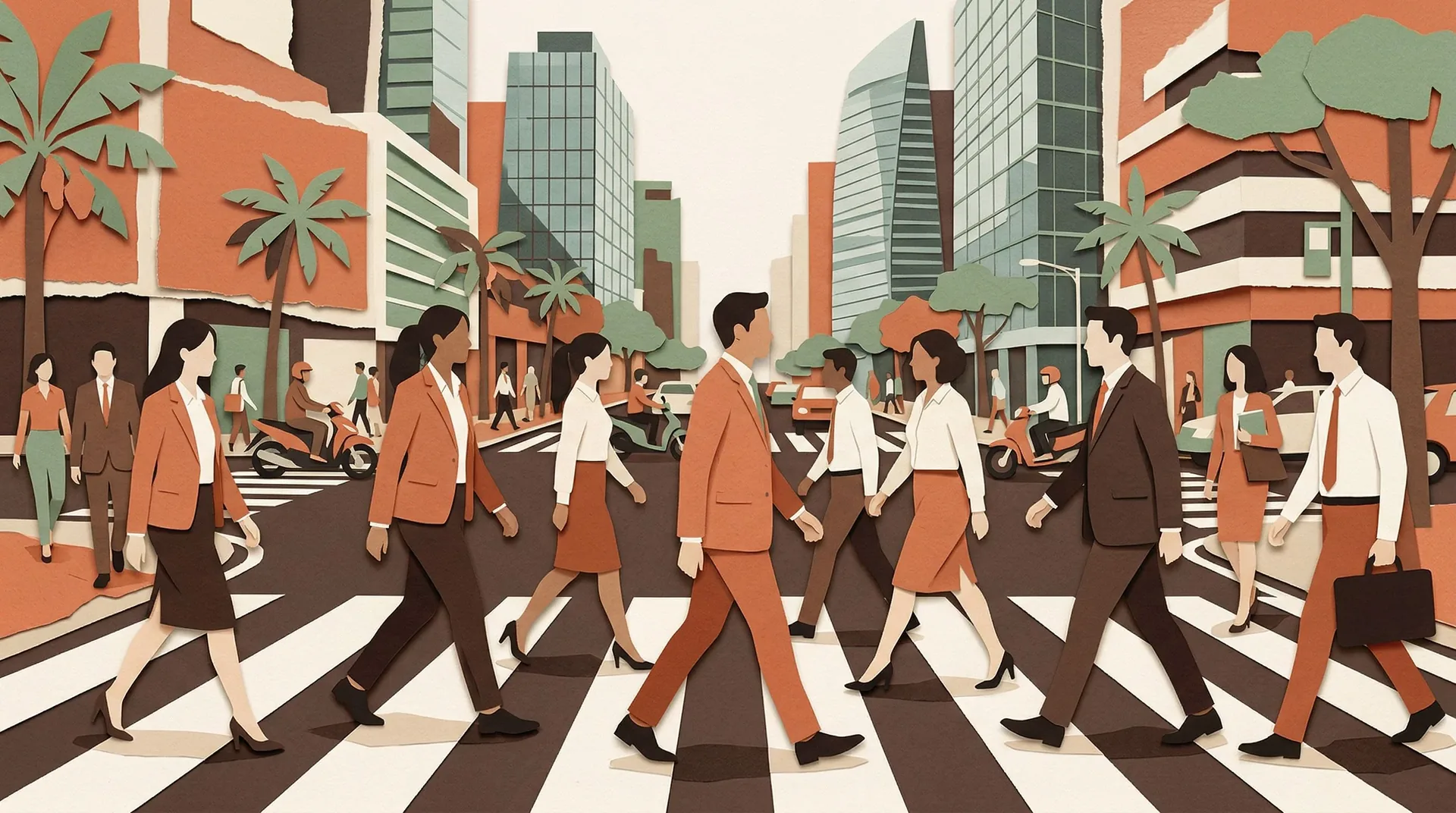 Southeast Asian professionals walking across a busy city intersection