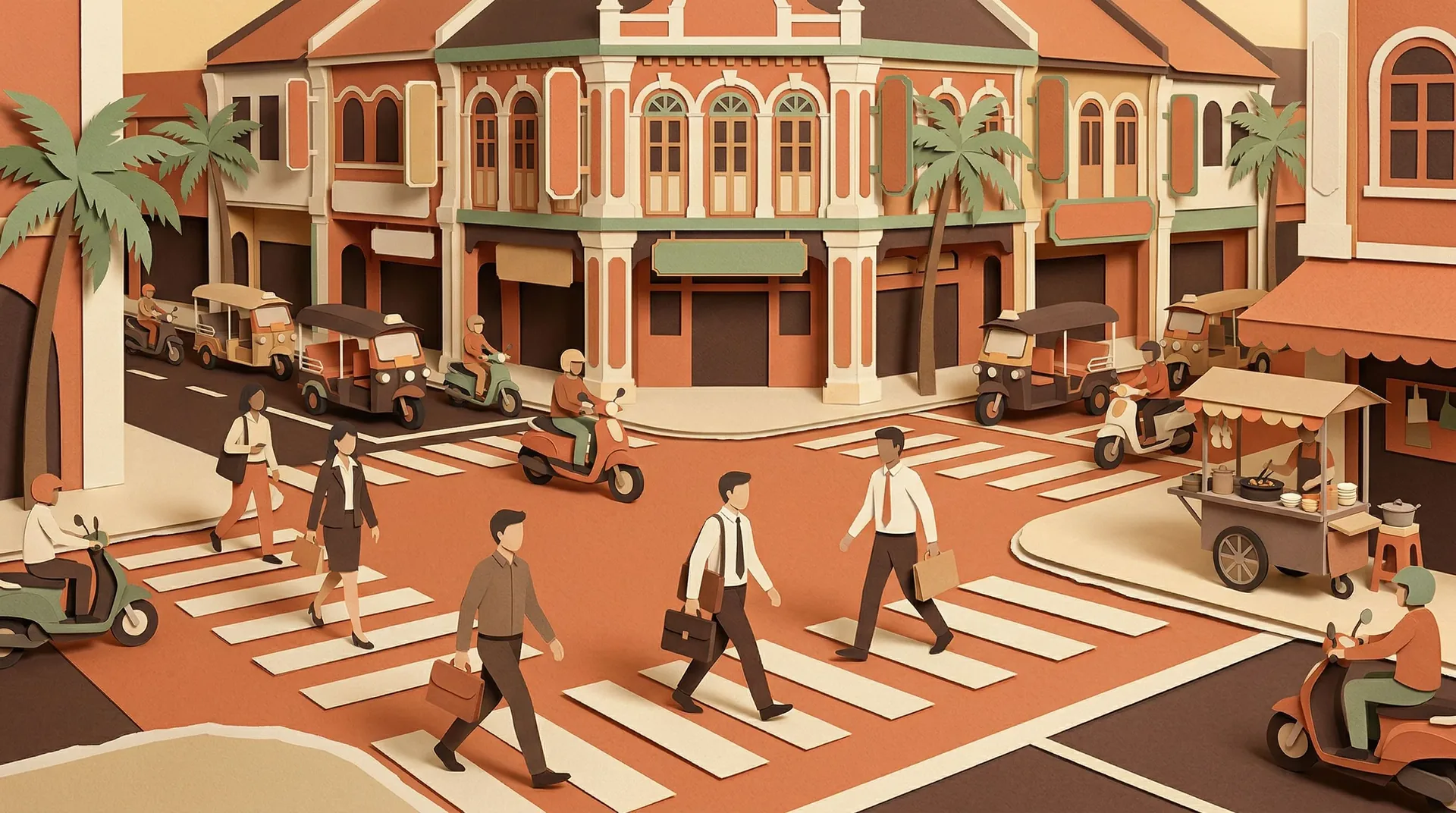 Southeast Asian shophouse intersection with tuk-tuks and professionals