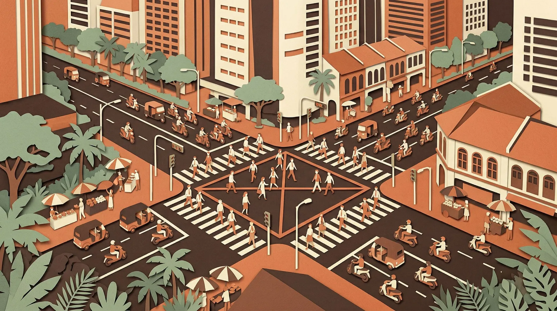 Aerial view of a busy Southeast Asian city intersection