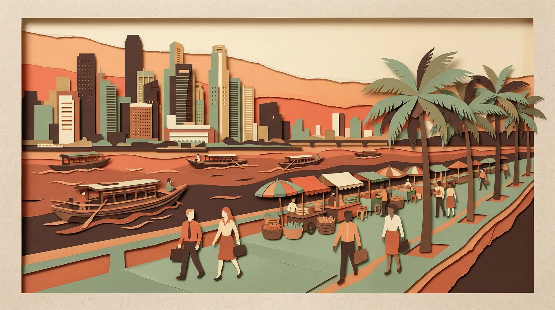 Southeast Asian riverside promenade with skyline and traditional boats