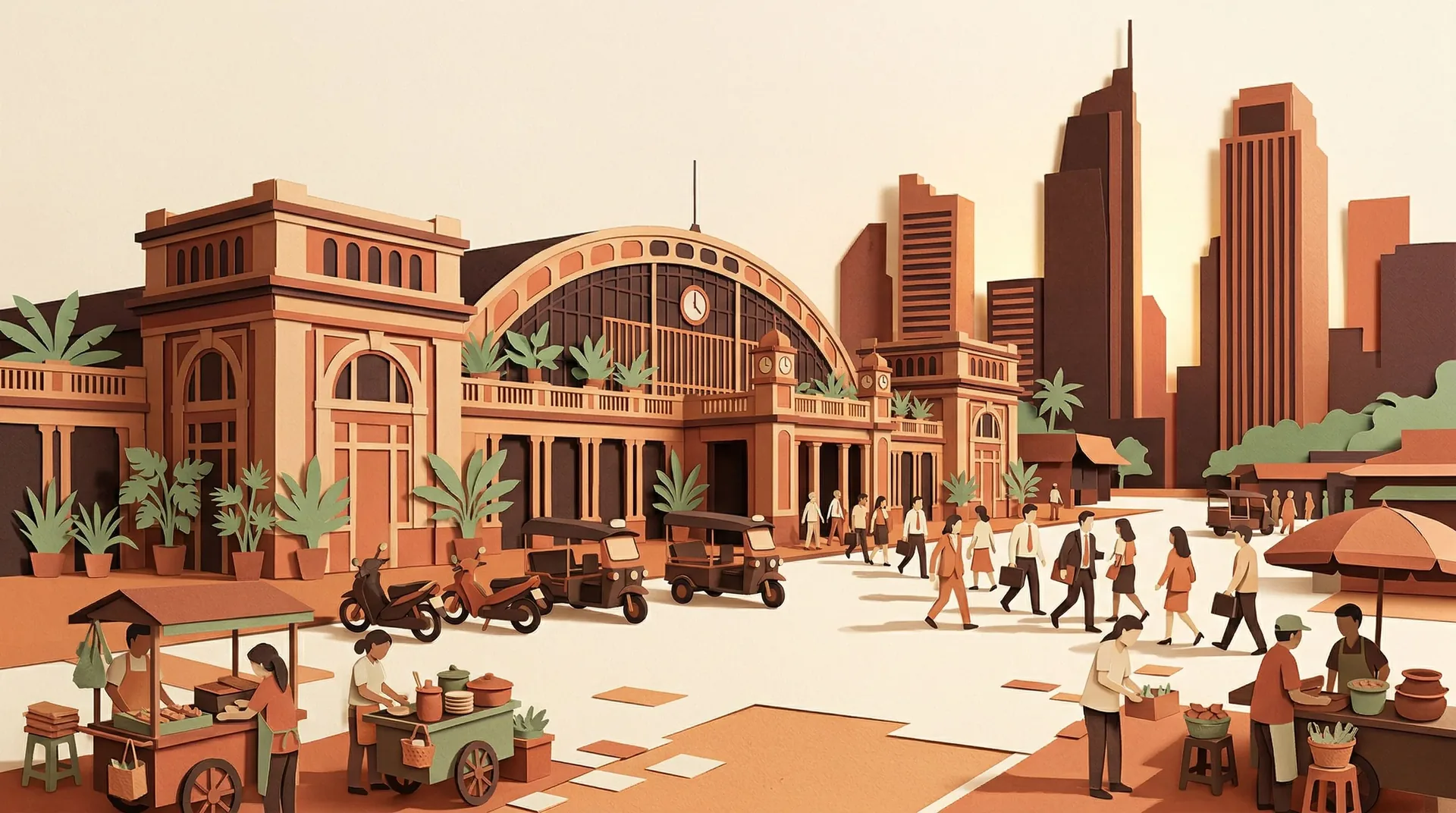 Southeast Asian train station plaza with commuters and tuk-tuks