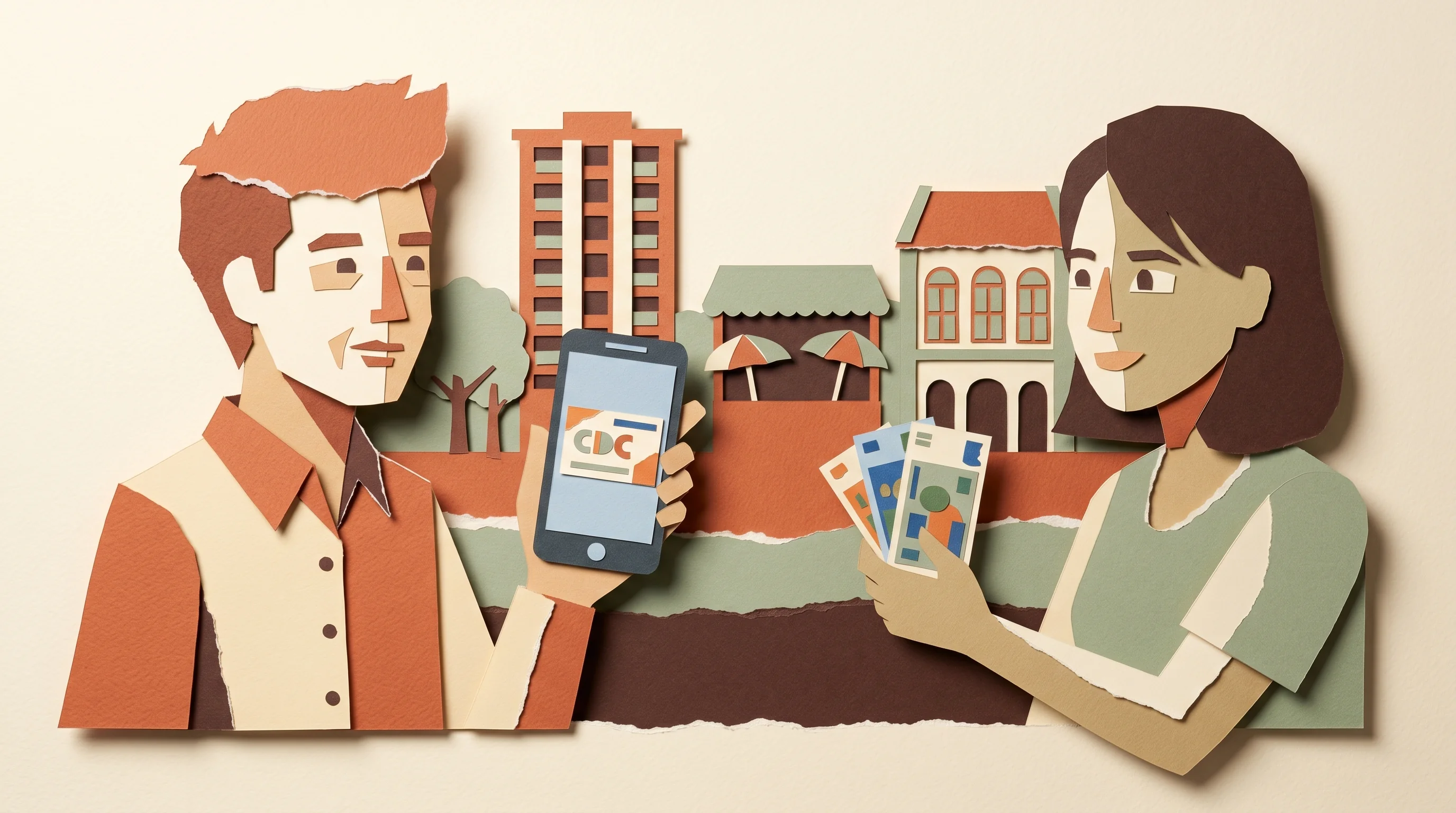 Two cut-paper figures — one holding a digital CDC voucher, one holding banknotes